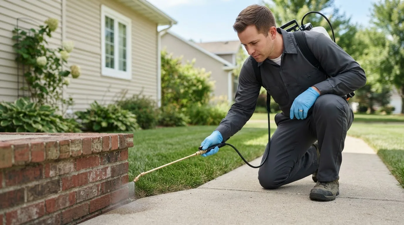 Pest control technician treating a home near Barnstable, MA